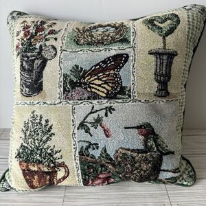 Vicky Howard Embroidered Throw Pillow 15”x15” Hummingbird Butterfly Topiary